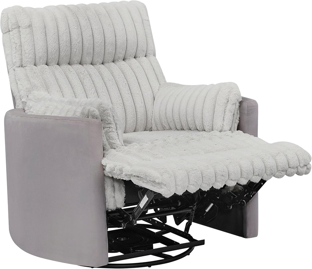 Power Swivel Rocker Recliner for Adults, Cozy Corduroy Recliner Chair with 2 Pillows for Bedroom, Electric Glider Rocking Nursery Chairs for Living Room (Light Grey)