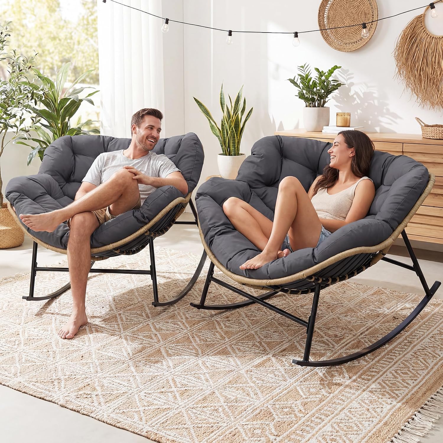 NICESOUL Indoor Outdoor 2-Piece Oversized Papasan Rocking Chair Set, Extra-Large Cushioned Double Royal Rockers, Comfy Loveseat Patio Lounge Chair, All Weather Durable Wicker Egg Glider, Dark Gray