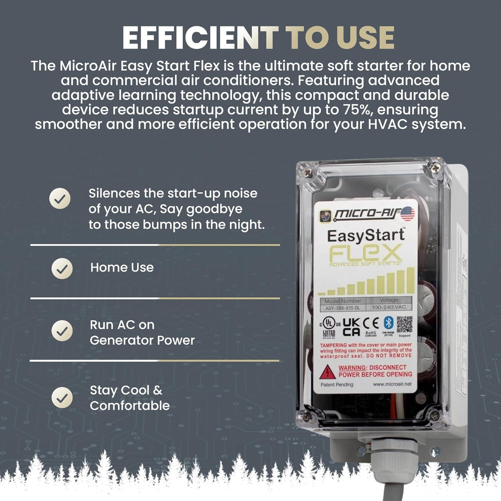 MICRO-AIR EasyStart FLEX 398 - Bluetooth Soft Start Kit for Home Air Conditioner, RV & Commercial Use, Works with Generators, Reduces Power Surge, Efficient Start-Up - Up to 6 Tons w/Installation Kit