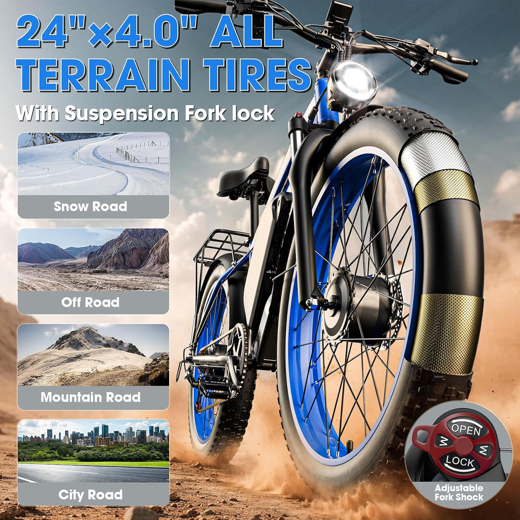 6000W Peak Dual Motor Electric Bike for Adults, 24' Fat Tire Ebikes 52V 32AH, Fast 45 MPH, 100 Miles Long Range, Hydraulic Brake, Pedal Assist Electric Bicycle for Off-Road Mountain Snow Commuter