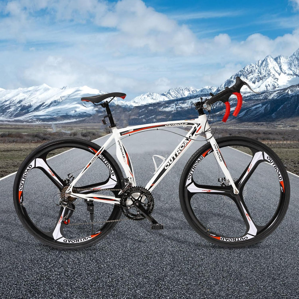 700C Wheel 21/14 Speed Road Bike with Light Weight Aluminum Alloy Frame, Commuter Bicycle with Dual Disc Brakes for Men and Women, Adult Faster Racing Bike, Red/Blue