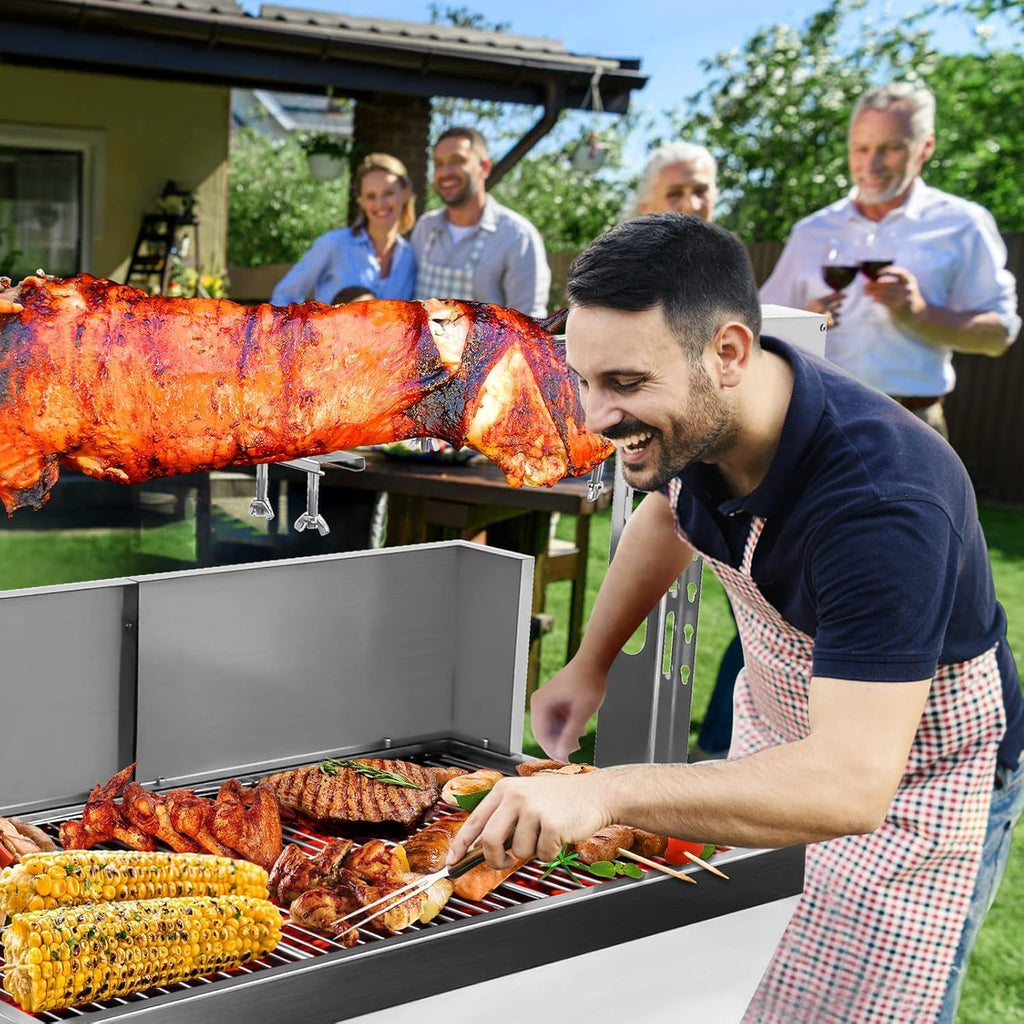 Electric Rotisserie Grill Kit with Windscreen, Large Charcoal Grill with Motor, Stainless Steel Automatic Pork Grill & Outdoor Lamb Goat Roaster, 132 Lbs Capacity for Camping Outdoor