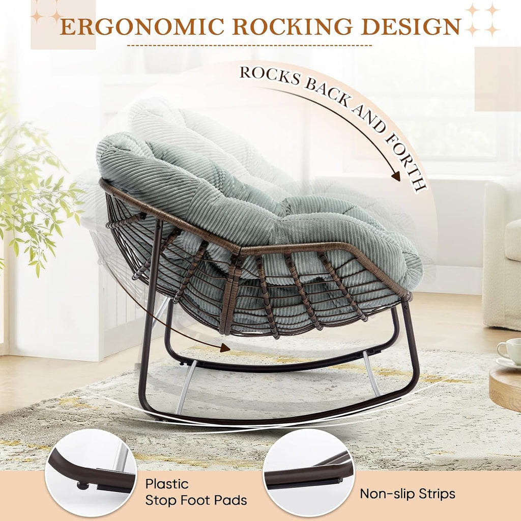 Outdoor Indoor Rocking Chair with Padded Cushion, Oversized Patio Papasan Rocking Egg Chair, All Weather Wicker Egg Rocking Chair, Comfy Large Rattan Rocker Lounge Chair for Front Porch,Garden, Patio