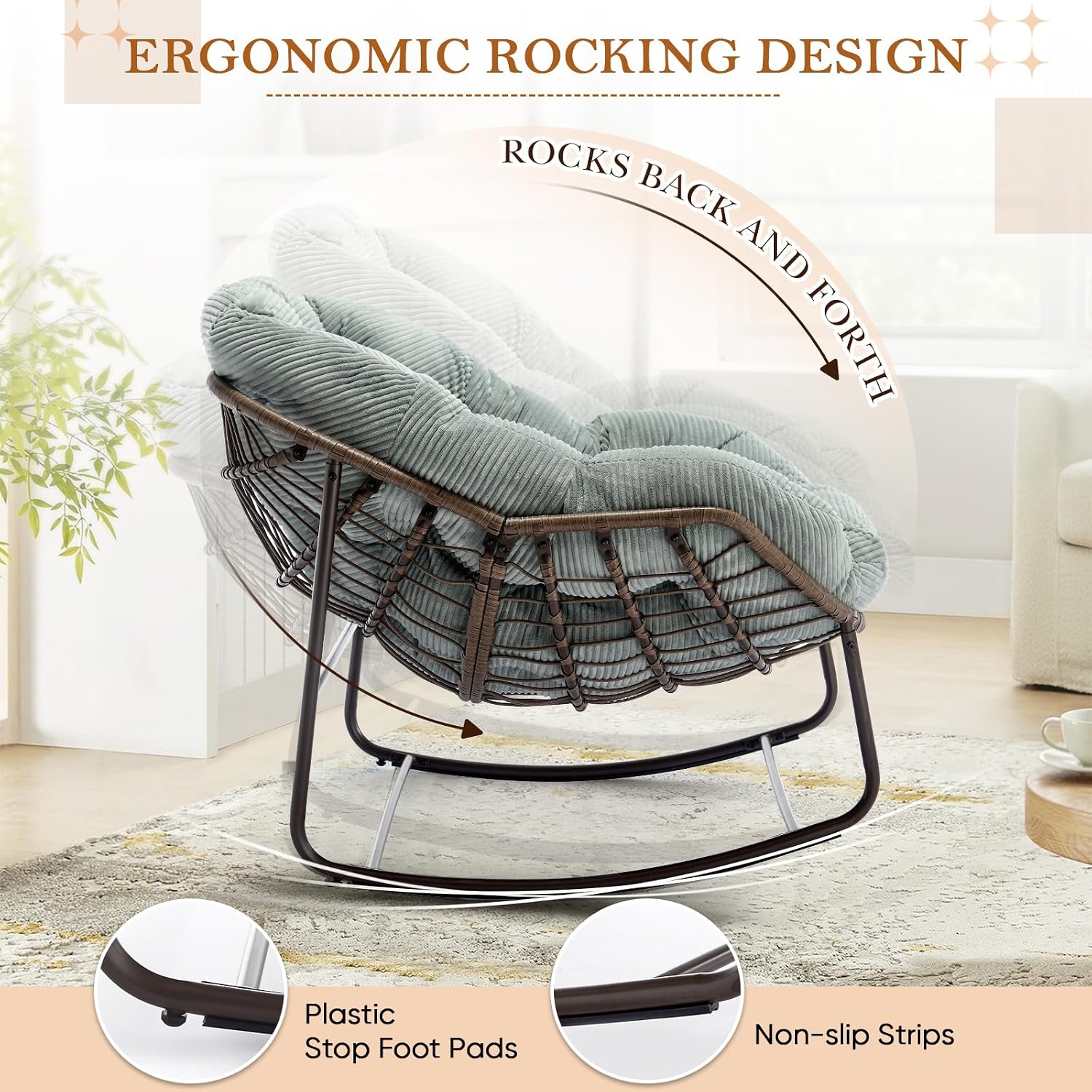 Outdoor Indoor Rocking Chair with Padded Cushion, Oversized Patio Papasan Rocking Egg Chair, All Weather Wicker Egg Rocking Chair, Comfy Large Rattan Rocker Lounge Chair for Front Porch,Garden, Patio