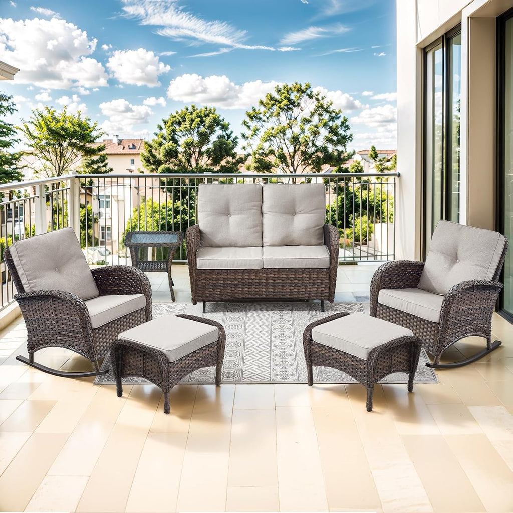 Patio Rocking Chair - 6 Peices Outdoor Wicker Rocker Porch Chair Set with A Rocking Loveseat, Tempered Glass Side Table, and 2 Ottoman, Rattan Seating for Balcony Garden Brown/Beige