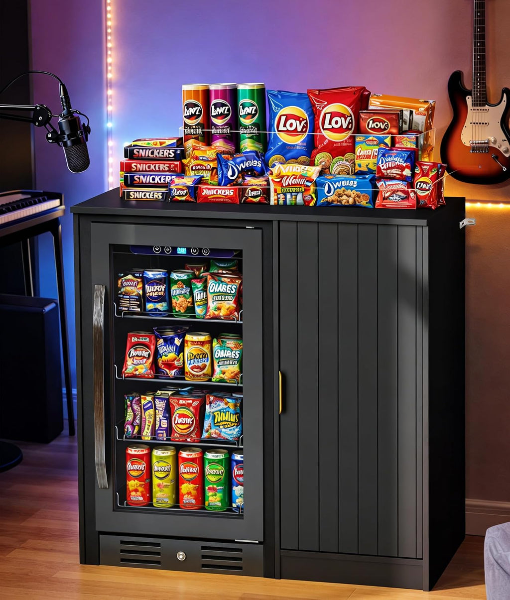 Lamtor Mini Fridge Cabinet with Storage - Snack Bar Cabinet with Power Outlet, Fluted Coffee Bar with Mini Fridge Space for Home Theater,Game Room,Living Room, Black