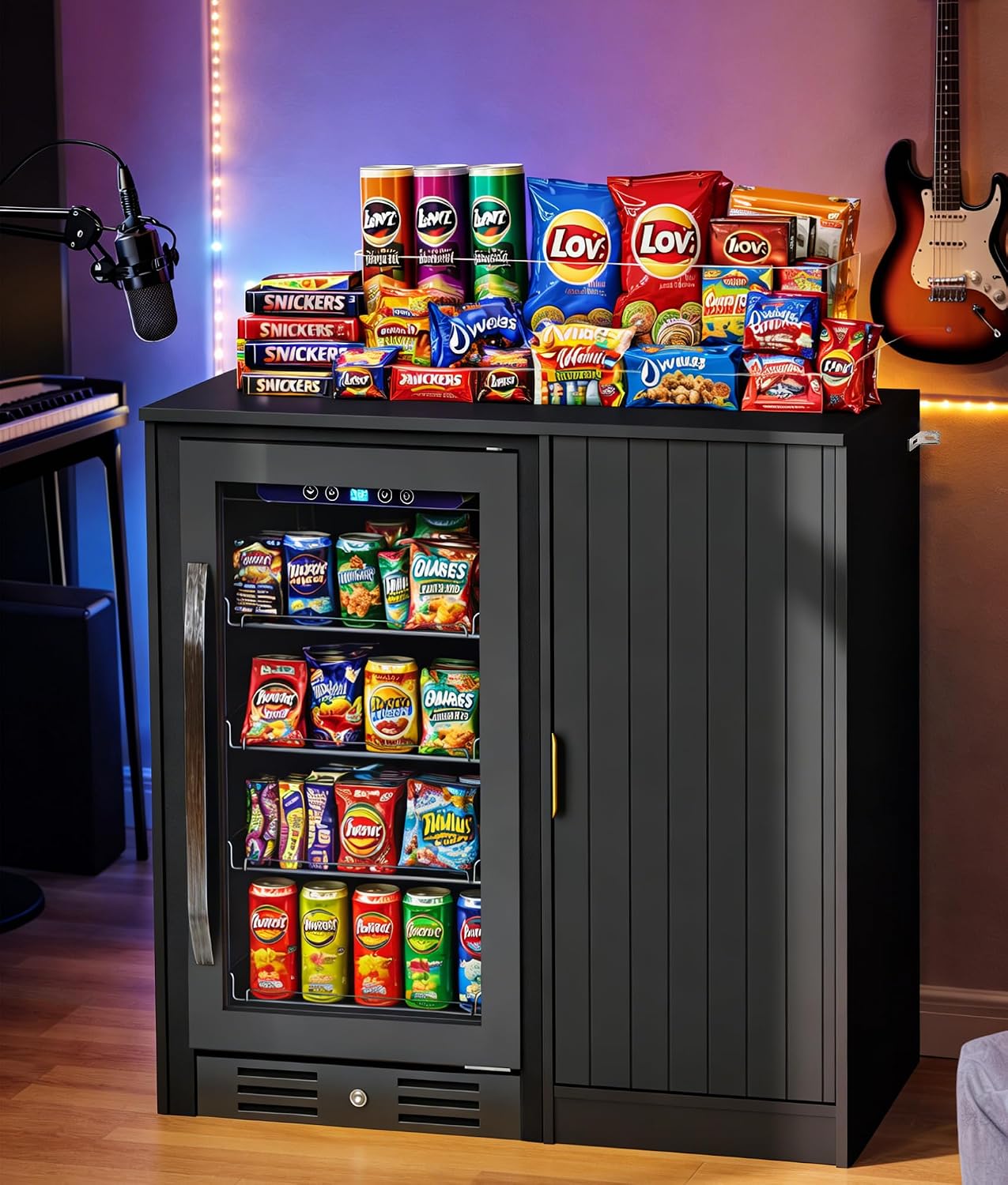 Lamtor Mini Fridge Cabinet with Storage - Snack Bar Cabinet with Power Outlet, Fluted Coffee Bar with Mini Fridge Space for Home Theater,Game Room,Living Room, Black