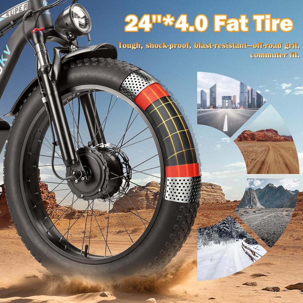 8000W Dual Motor Ebike for Adults,58V Max 34Ah Fast Electric Bike to 42-47MPH,1856Wh Battery Up to 105 Miles,24' Fat Tire Lockable Suspension Electric Bicycle for Snow Off-Road Mountain