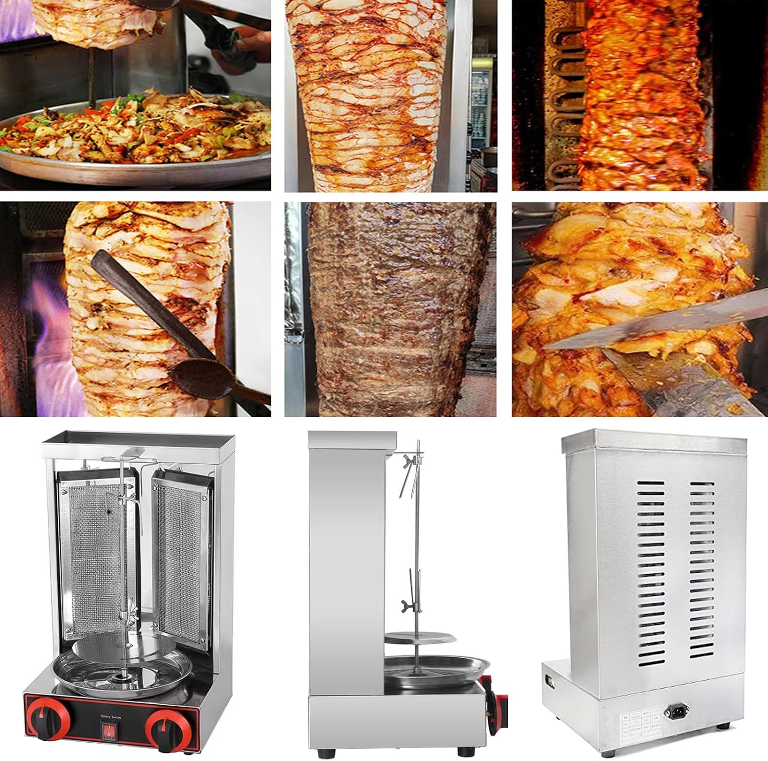 Vertical Commercial Shawarma Lpg/Gas Barbecue Grill, 360° Automatic Rotation, Double-Sided Barbecue Plate + Independent Oil Tray, Adjustable Height, Capacity 6kg/H, 60W