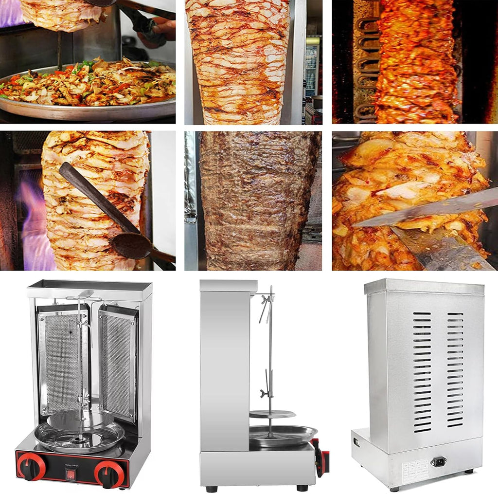 Vertical Commercial Shawarma Lpg/Gas Barbecue Grill, 360° Automatic Rotation, Double-Sided Barbecue Plate + Independent Oil Tray, Adjustable Height, Capacity 6kg/H, 60W