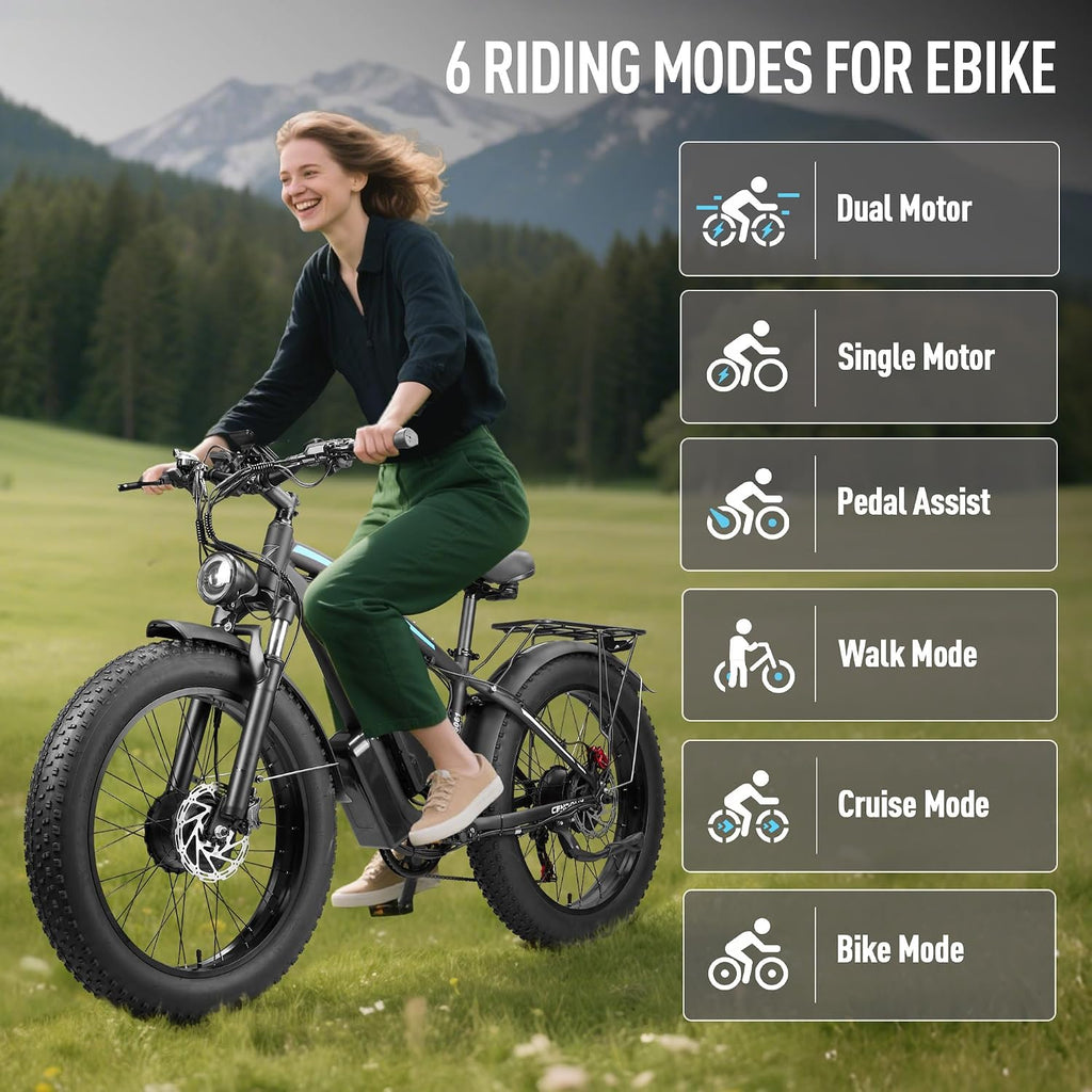 9000W Peak Dual Motor Ebike - 58V Max-Output 36AH Battery Ebike Fast Electric Bike for Adults 105Mi Long Range for Adults 24' Fat Tire Bike with 7 Speed for Travel Off Road