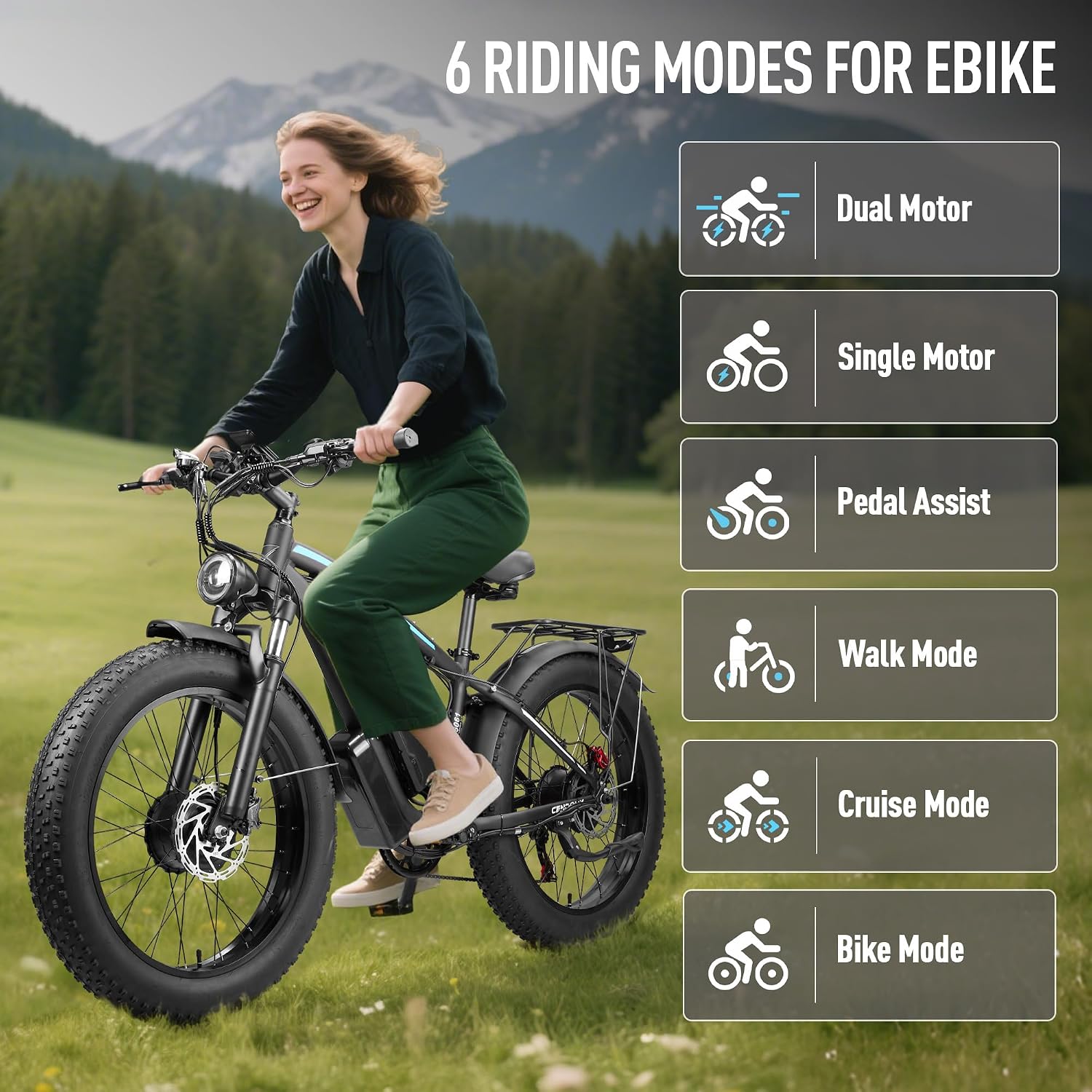 9000W Peak Dual Motor Ebike - 58V Max-Output 36AH Battery Ebike Fast Electric Bike for Adults 105Mi Long Range for Adults 24' Fat Tire Bike with 7 Speed for Travel Off Road