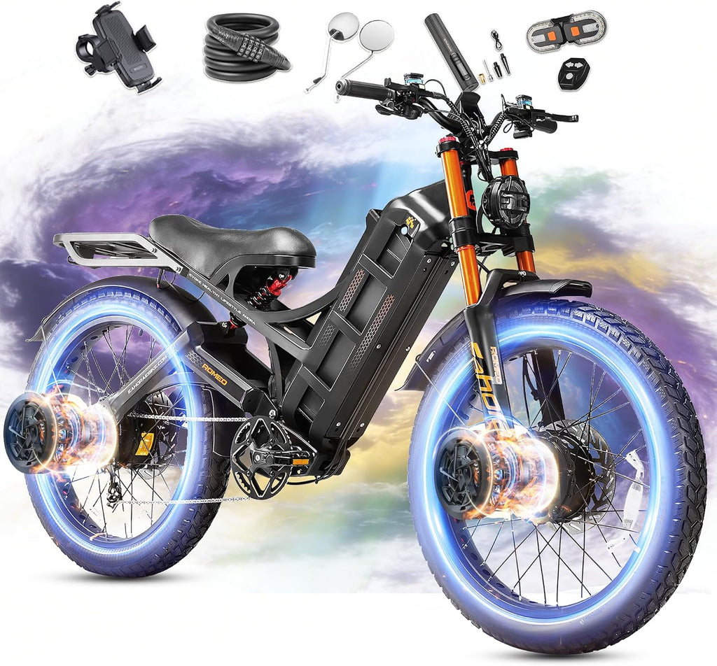 eAhora 2026 Romeo Pro3/2 50/46Mph Ebike 5600/4000W Dual Motor 200+Miles Electric Bike for Adults, 52V/70Ah 60V/80Ah Long Range 26 * 4.0' Fat Tire Full Suspension Electric Mountain Bike