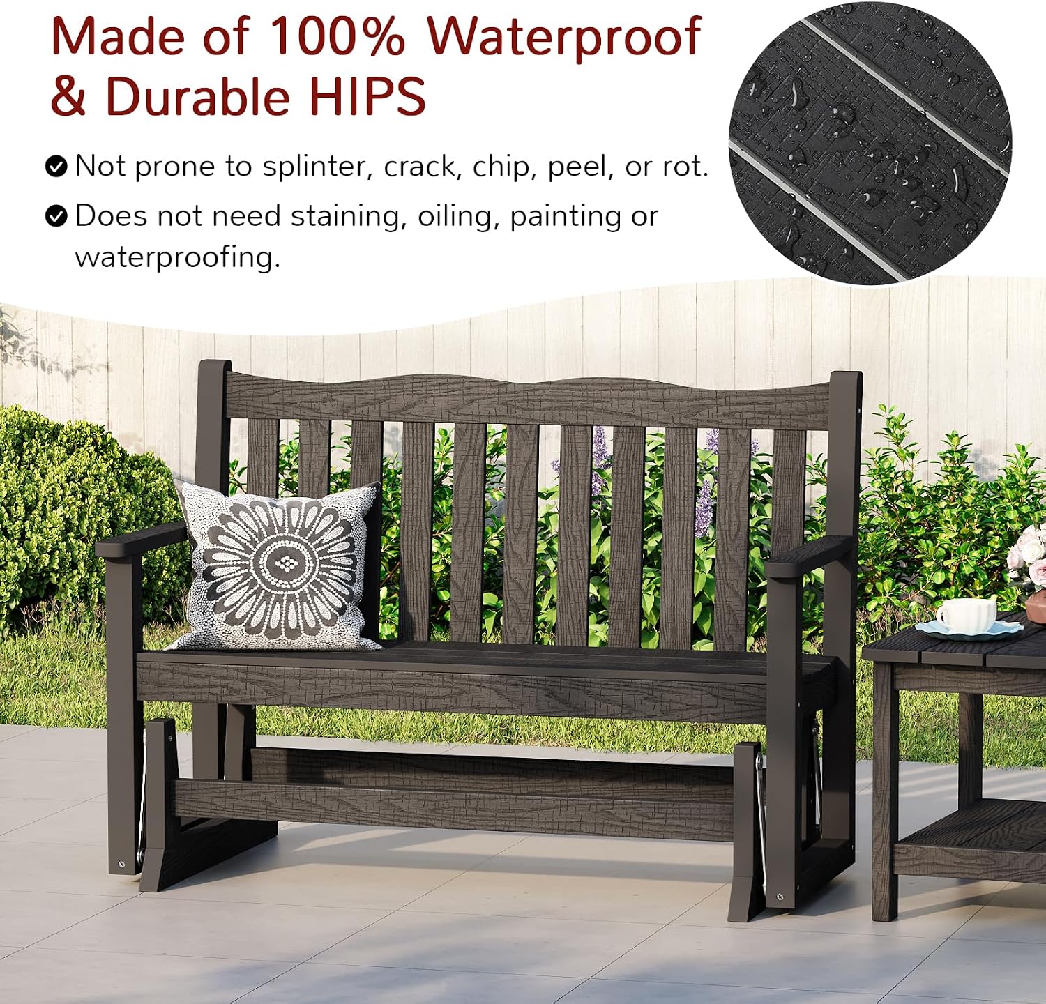 Stoog Outdoor Glider, All-Weather HIPS 2 Person Patio Glider Bench with 800 lbs Weight Capacity, Never Fade or Rot, for Garden, Backyard, Porch, and Deck, Black