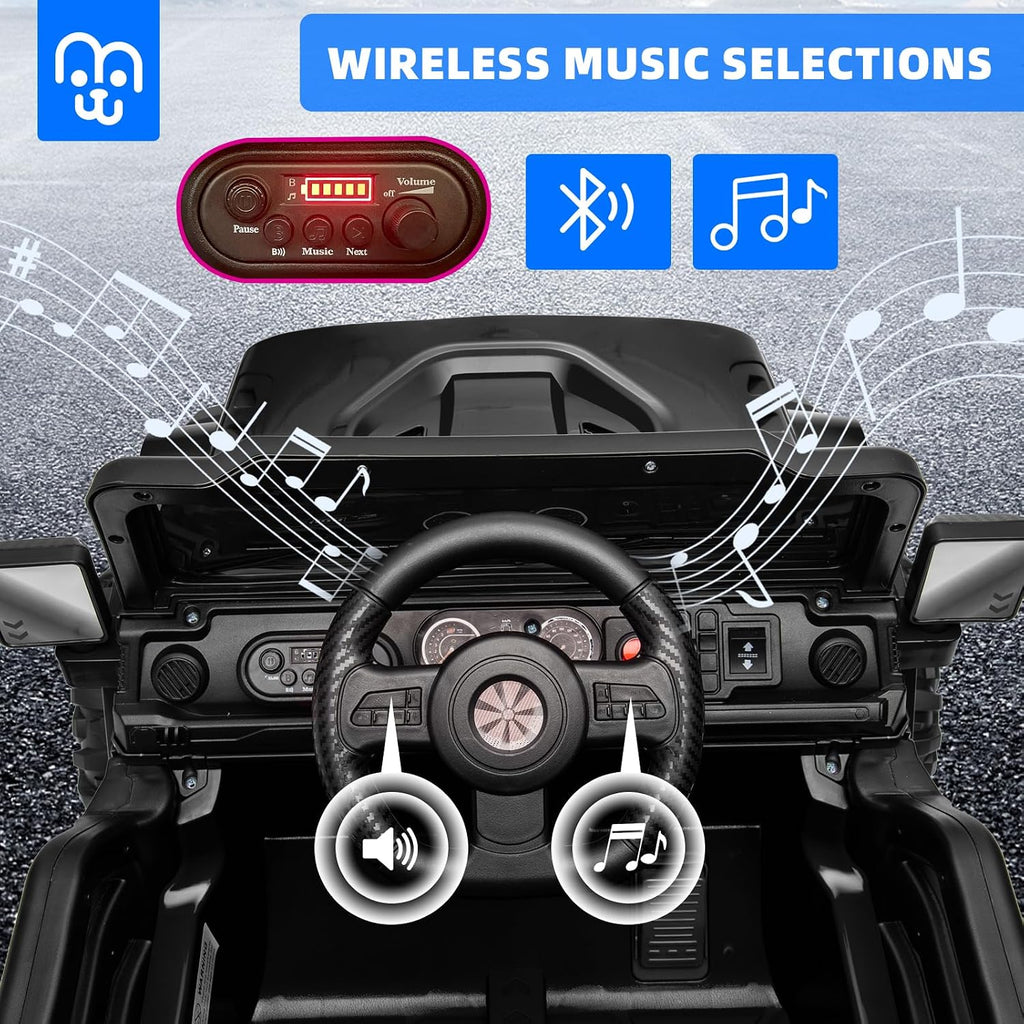 MINIATURE MOTORS 12V Kids Electric Ride on Truck Car Remote Control, Twin 35W Motors 3.5MPH Max Speed, Bluetooth Music Player, 4 Wheels Suspension LED Lights Safety Belt, Gift for Boys & Girls-Black