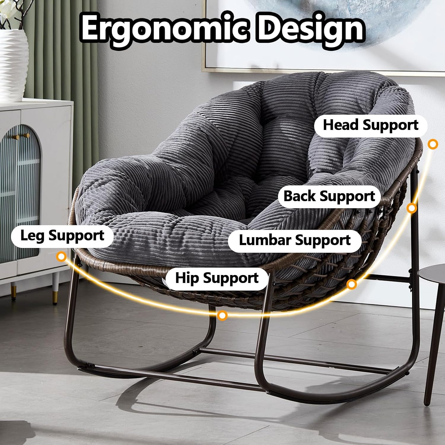 HRVEOCEI Papasan Rocking Chair with Cushion and Frame, Oversized Rocking Chair Indoor/Outdoor, Circle Chairs for Patio Garden Front Porch, Corduroy/Velvet (Grey-1)