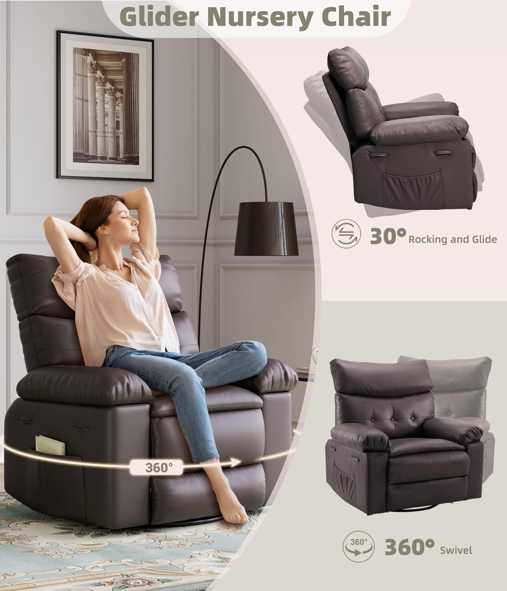 GarveeHome Oversized Leather Recliner Chair - Heat and Massage, Swivel Rocker Manual Recliner for Adults, Lazy Rocking Chair with Comfort Arms and Back Single Sofa for Living Room