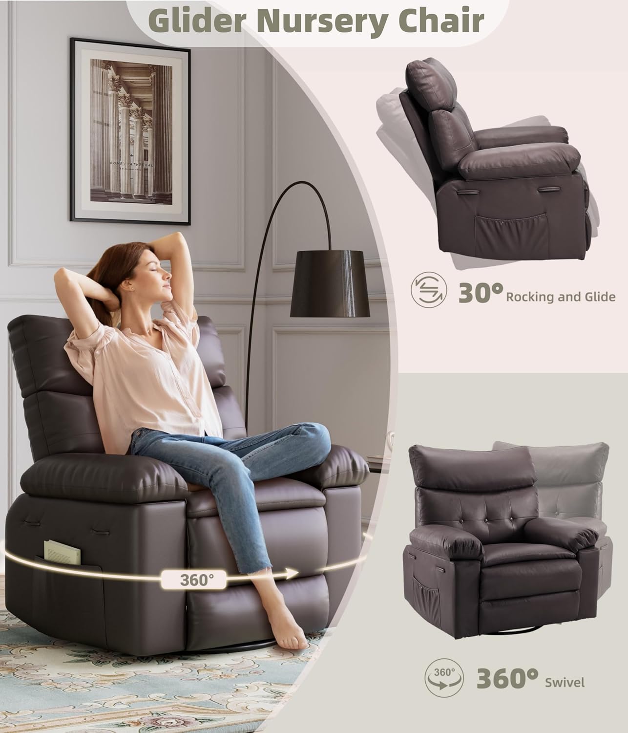 GarveeHome Oversized Leather Recliner Chair - Heat and Massage, Swivel Rocker Manual Recliner for Adults, Lazy Rocking Chair with Comfort Arms and Back Single Sofa for Living Room
