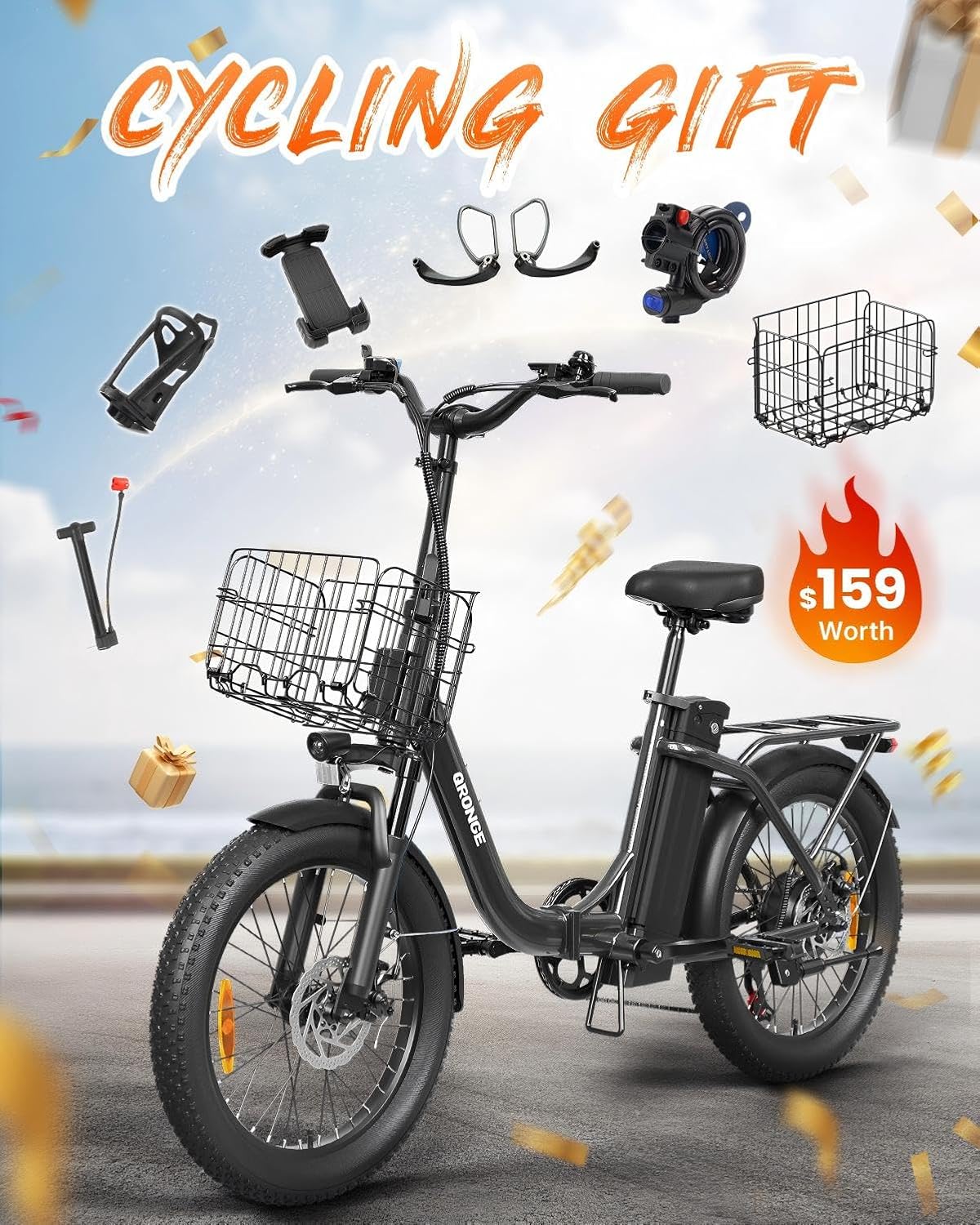 QRONGE Electric Bike, 1000W Peak Folding Electric Bike, 486Wh 70 Miles Range Ebike, Waterproof Removable Battery, 7 Speed, 25 MPH Max, 20' Step-Thru Bicycle with Front Basket