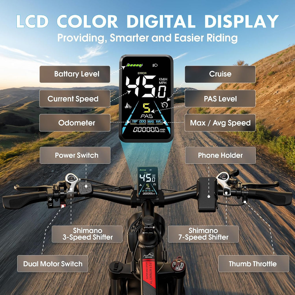 DATAONA 6500W Dual Motor Ebike for Adults Men 20MPH - Fast Electric Bike with 52V 32Ah Battery Up to 100 Miles, Lockable Suspension 24' Fat Tire Electric Bicycle for Off-Road Mountain Snow Commuter UL