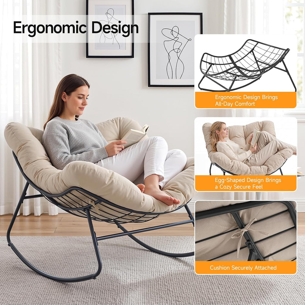 ONBRILL Outdoor Papasan Rocking Chair, 450 lbs Oversized Comfy Patio Chair with Thickened Cushion, Indoor Egg Rocking Lounge Chairs, Rocker Chairs for Patio Porch Garden Living Room Bedroom, Beige