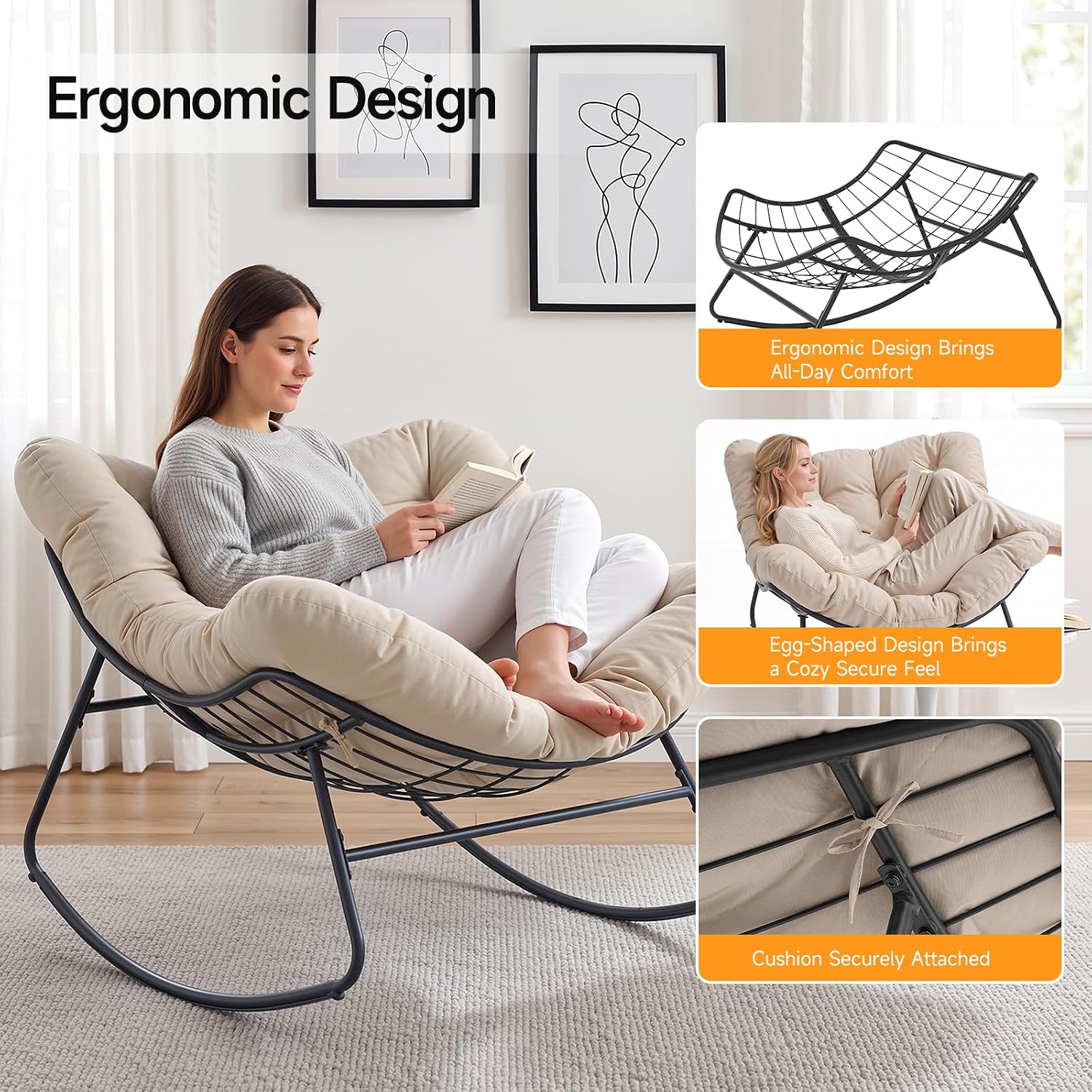 ONBRILL Outdoor Papasan Rocking Chair, 450 lbs Oversized Comfy Patio Chair with Thickened Cushion, Indoor Egg Rocking Lounge Chairs, Rocker Chairs for Patio Porch Garden Living Room Bedroom, Beige