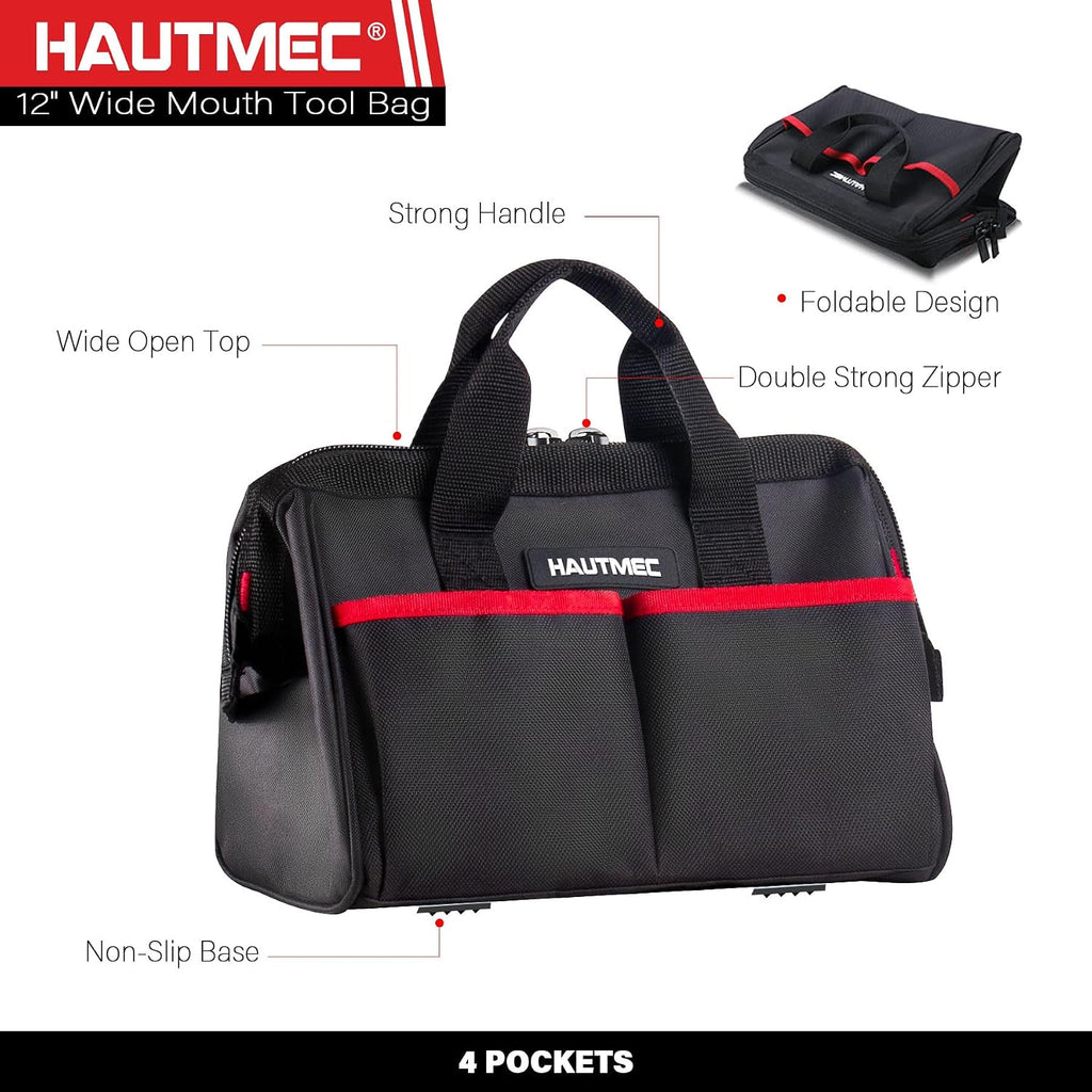 HAUTMEC 3-Piece Rolling Tool Bag Set, 18' Wheeled Tool Bag, 15' Open Top Tool Tote & 12' Wide Mouth Small Bag, Heavy-Duty 1680D Water-Resistant Tool Storage with Off-Road Wheel & Telescoping Handle