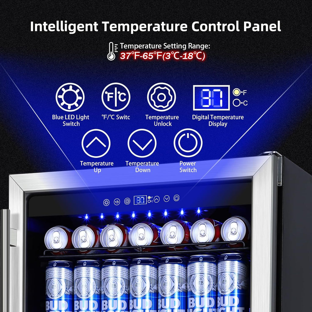 24 Inch Beverage Refrigerator, 180 Cans Built-in Beverage Cooler with Glass Door, Under Counter or Freestanding Drink Fridge with LED Light & Adjustable Shelves For Home Bar Office - Silver