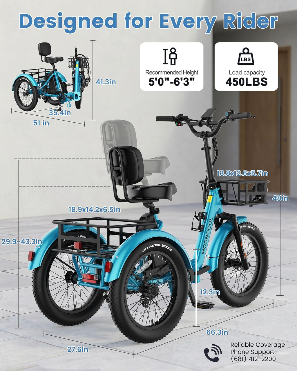 MOONCOOL Electric Trike for Adults, 500W/750W 48V Electric Tricycle for Adults, 20'x3.0' Fat Tire 3 Wheel Electric Bike, Folding Aluminum Adult Tricycle with Removable Battery