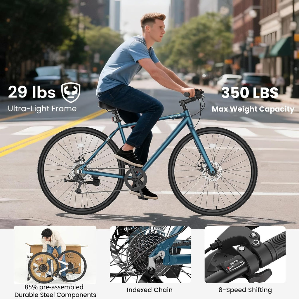 MOONCOOL Hybrid Bike for Men, 700C Aluminum 29LB Ultra-Light 8 Speed Commuter Bike, 350lb Loading, 29' Urban Bicycle, Dual Disc Brakes, for Tall Men&Women, 85% Pre-Assembled