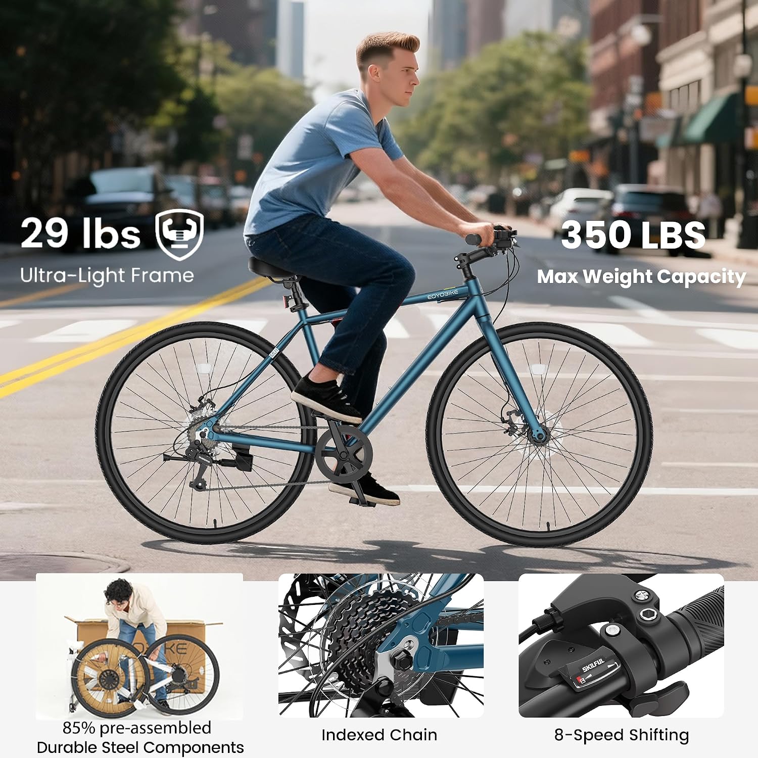 MOONCOOL Hybrid Bike for Men, 700C Aluminum 29LB Ultra-Light 8 Speed Commuter Bike, 350lb Loading, 29' Urban Bicycle, Dual Disc Brakes, for Tall Men&Women, 85% Pre-Assembled