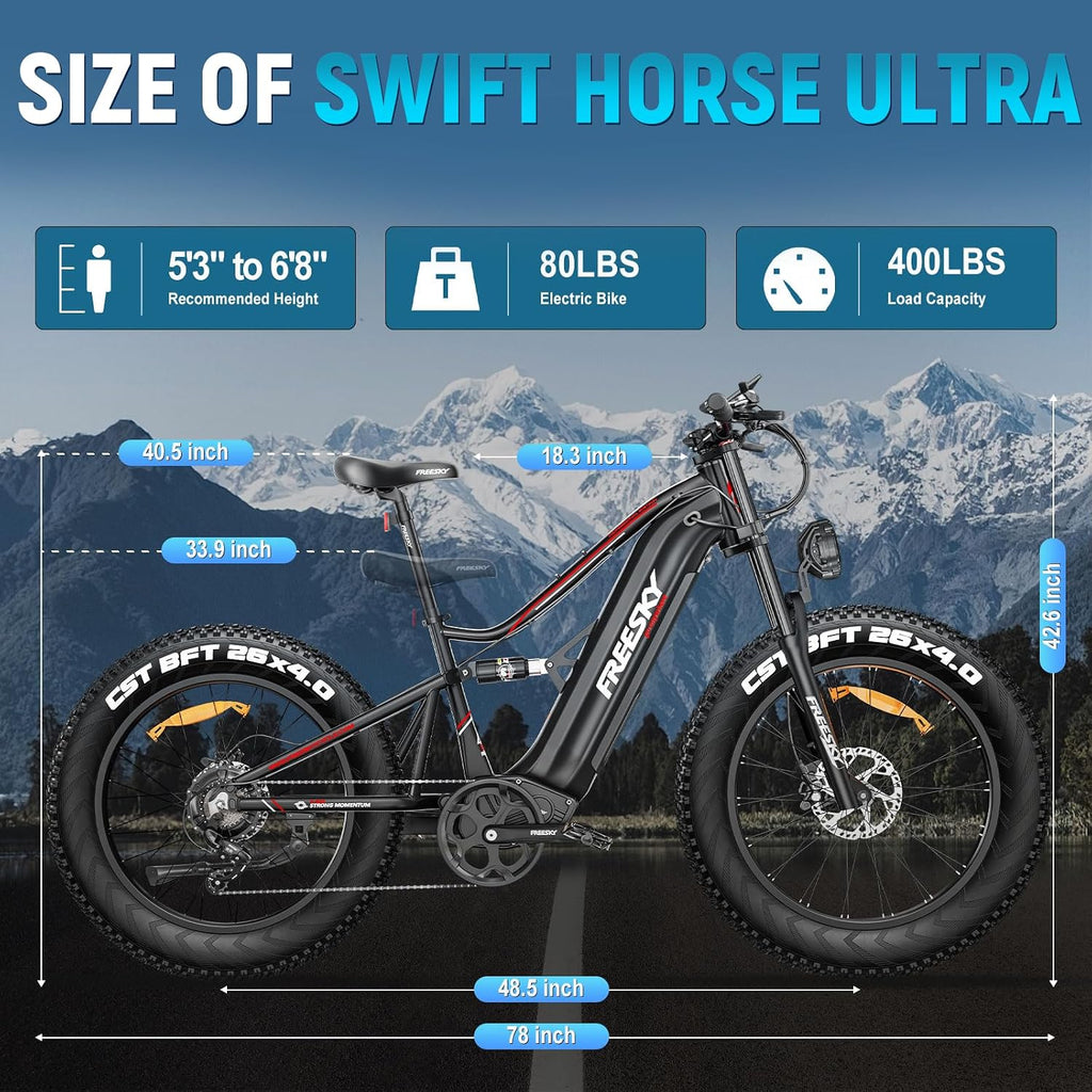 FREESKY Swift Horse Ultra 2026 Electric Bike with 3500W BAFANG Motor, 48V 35Ah Samsung Cells Battery, 26' Fat Tires, Up to 38MPH &140-Mile Range, Smart Keys, Full Suspension Mountain EBike for Adults