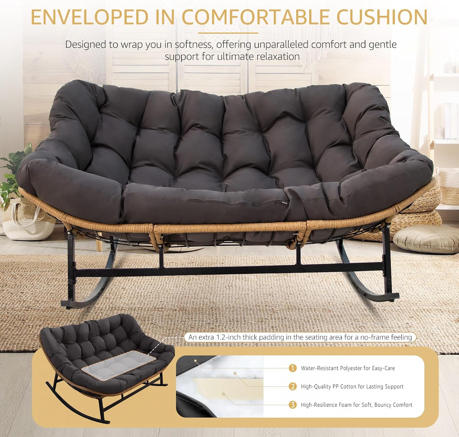 NICESOUL Double Wide Rocking Papasan Chair Outdoor Indoor for 2, PE Wicker Patio Rocking Chair with Cushion and Frame, 700 lbs Heavy Duty Big Comfy Lounge Chair for Porch, Balcony & Living Room, Grey