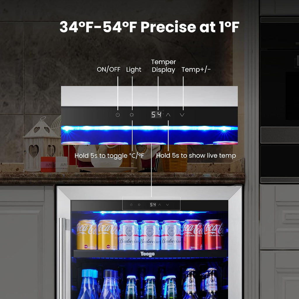 Yeego 24 Inch Beverage Refrigerator – 180 Can Built-In Under Counter Drink Fridge with Glass Door, 34–54°F Cooling for Beer, Soda & Wine (Right-Hinged)