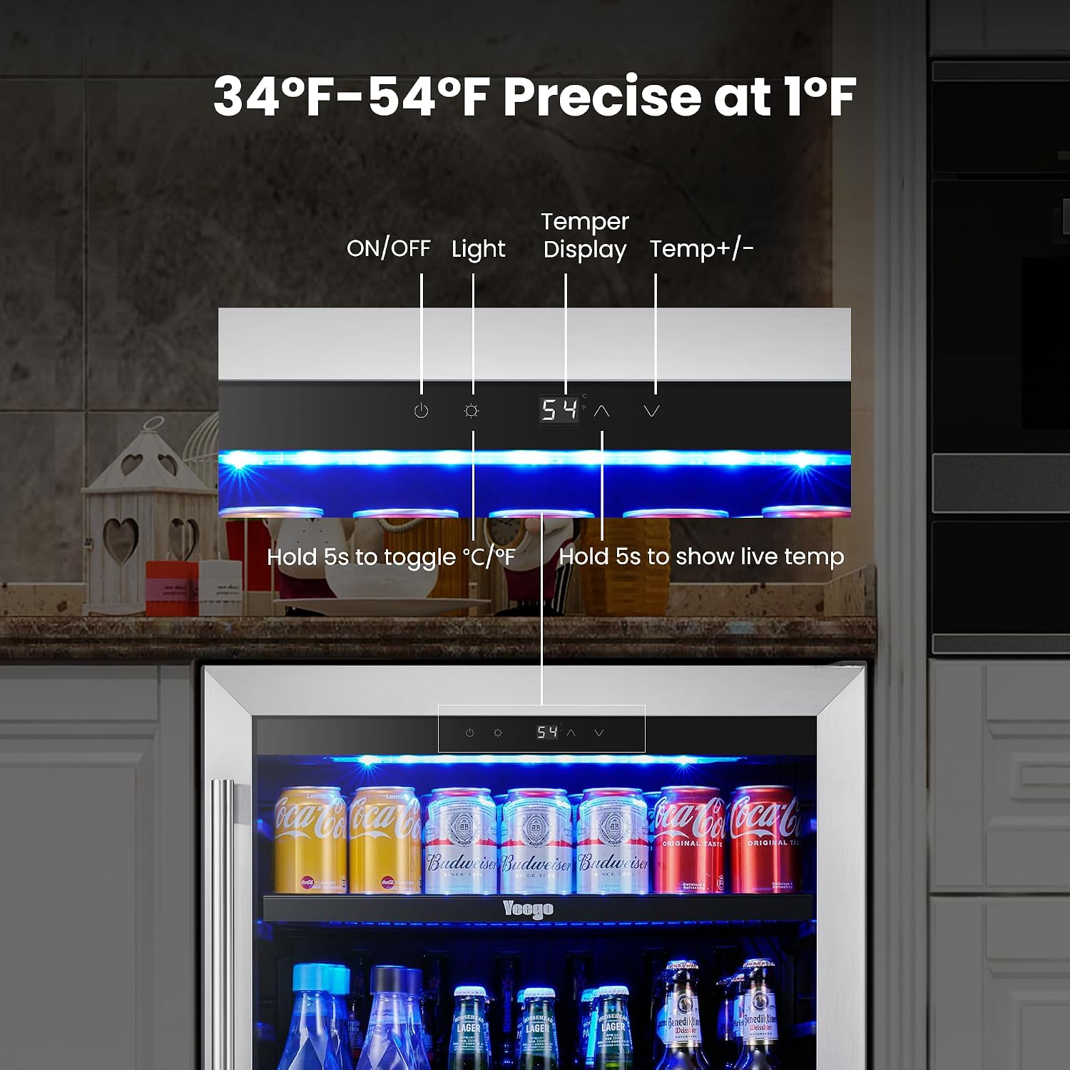 Yeego 24 Inch Beverage Refrigerator – 180 Can Built-In Under Counter Drink Fridge with Glass Door, 34–54°F Cooling for Beer, Soda & Wine (Right-Hinged)