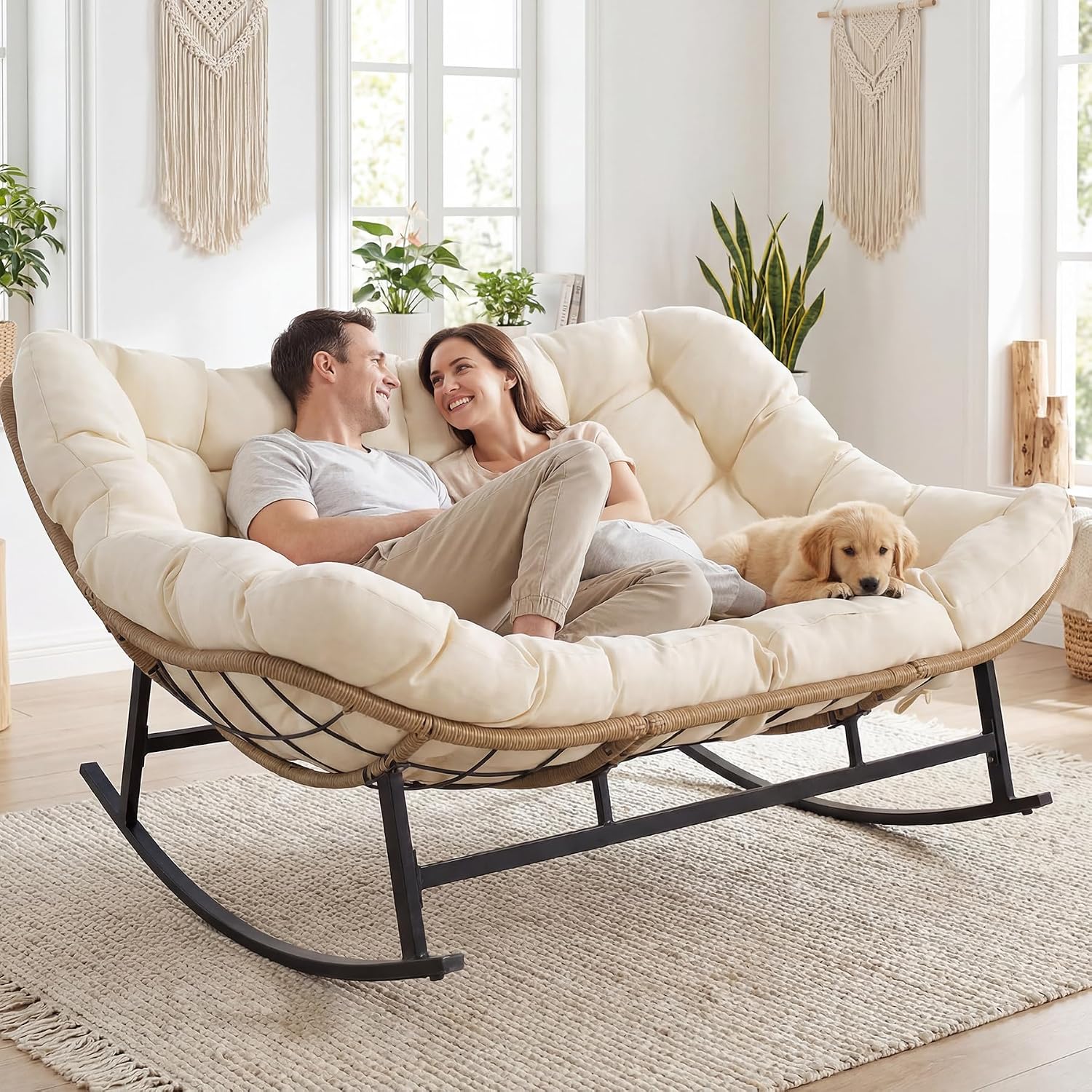 RADIATA Oversized Patio Rocking Chair for 2, Outdoor Double Papasan Chair with Cushion and Frame for Relaxing/Reading, Heavy-Duty Comfy Wicker Loveseat Recliner for Garden, Deck, Livingroom