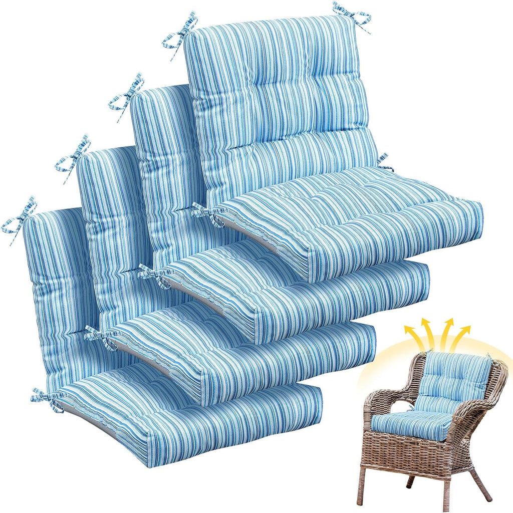 Marsui 4 Pcs Outdoor Indoor High Back Chair Cushions Patio Furniture Tufted Pillow with Ties Water-Resistant Replacement Outdoor Rocking Chair Cushions, 42 x 21 Inches (Blue Stripes,Stripes)