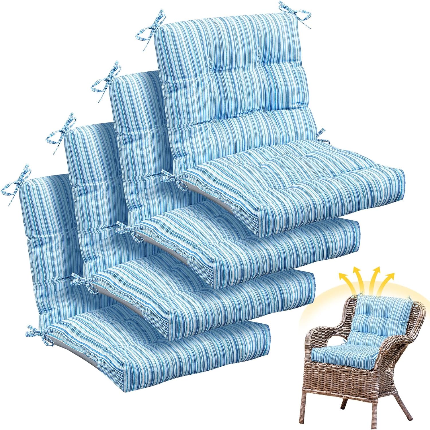 Marsui 4 Pcs Outdoor Indoor High Back Chair Cushions Patio Furniture Tufted Pillow with Ties Water-Resistant Replacement Outdoor Rocking Chair Cushions, 42 x 21 Inches (Blue Stripes,Stripes)