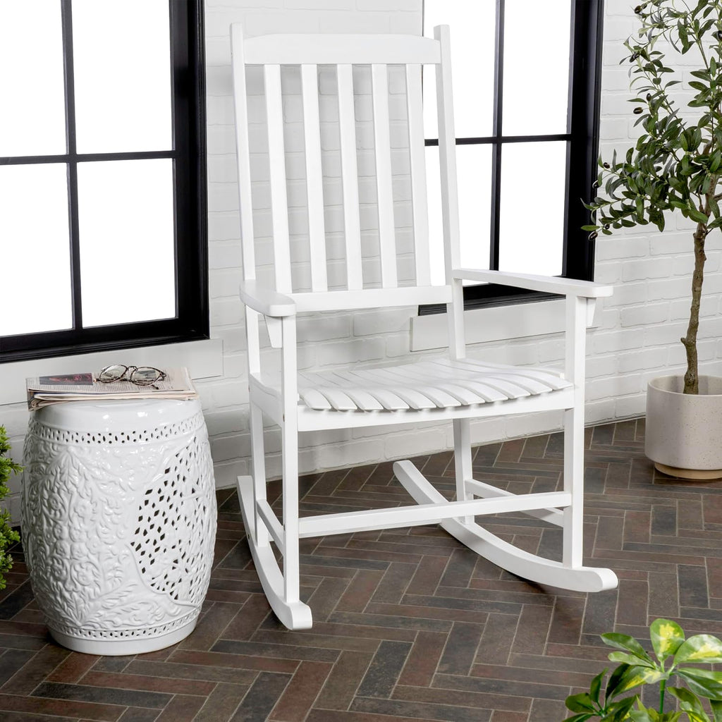 JONATHAN Y RCK300C Seagrove Farmhouse Classic Slat-Back 350-LBS Support Acacia Wood Outdoor Rocking Chair Traditional, Coastal, Cottage, Vintage, Shabby Chic, White