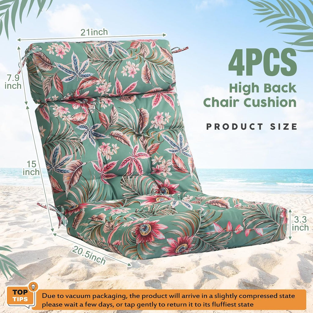 Barydat 4 Pcs Tufted High Back Chair Cushion Indoor Outdoor Seat and Back Cushions Palm Leaves Tropical Plants Lawn Rocking Chair Pads with Ties for Adirondack Patio Garden (Green Flower)