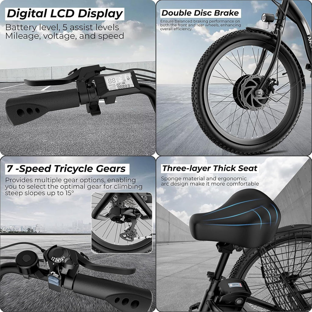 ANCHEER Electric Tricycle for Adults, Peak 600W Folding Electric Trike, 24' 499Wh Ebike for Seniors, 15.5MPH Electric Bike, Removable Battery, 3 Wheel, LCD, Rear Differential, Basket
