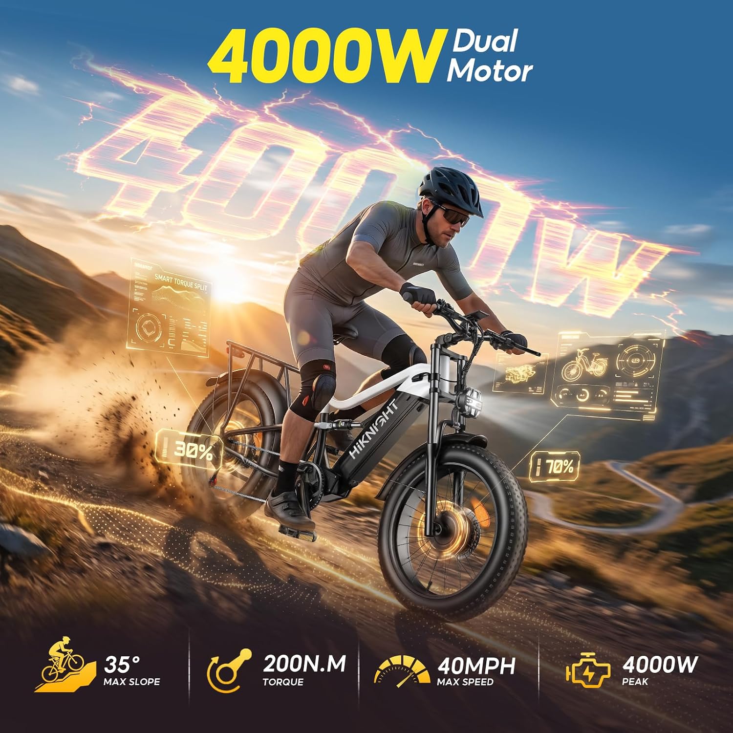 Dual Motor Electric Bike 4000W Peak, 52V 20AH Removable Battery, 24' x 4.0' Fat Tire, 40MPH Full Suspension Dual Hydraulic Brakes Adult E-Bike with Adjustable Stem & Extra Large Thick Seat