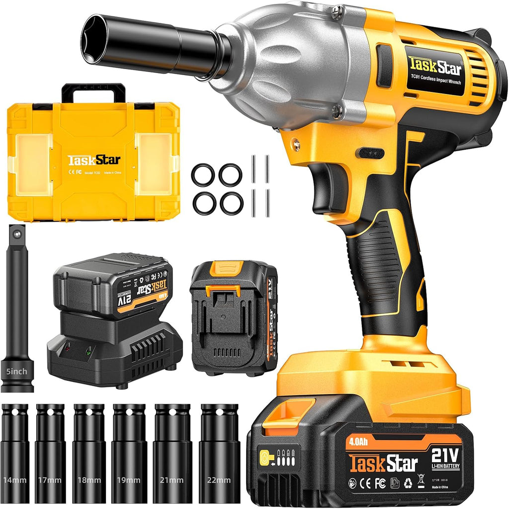 TaskStar Cordless Impact Wrench 740 Ft-lbs(1000N.m) 3300RPM High Torque 1/2 Inch Impact Gun, Electric Impact Driver, Brushless Motor, 2x4.0Ah Battery Fast Charger for Car Tires Truck Mower