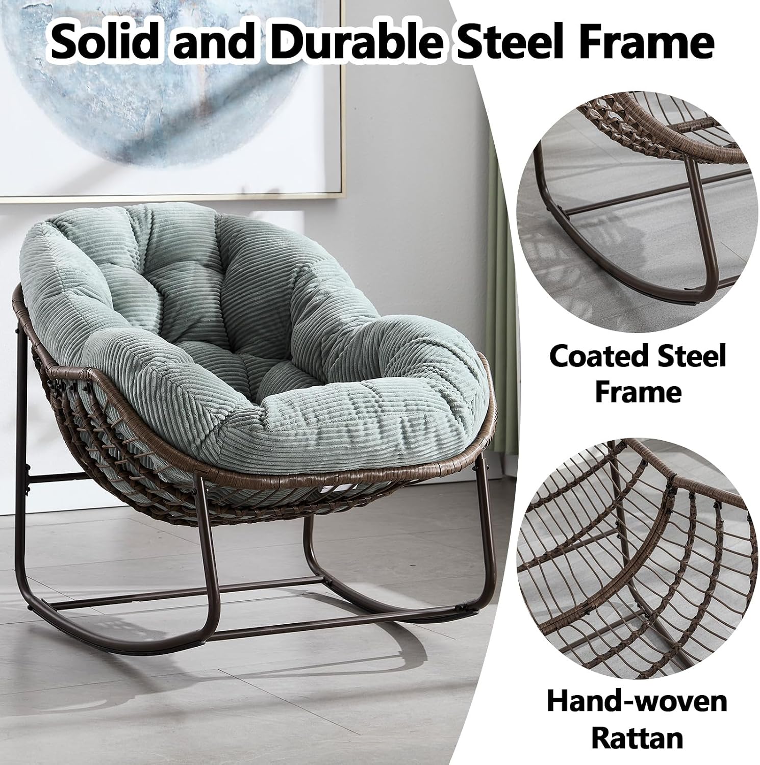 HRVEOCEI Papasan Rocking Chair with Cushion and Frame, Oversized Rocking Chair Indoor/Outdoor, Circle Chairs for Patio Garden Front Porch, Corduroy/Velvet (Mint Green)