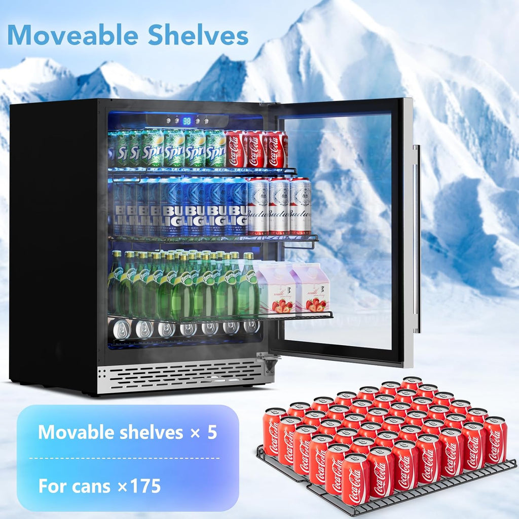 24 inch Beverage Cooler Refrigerator, 170 Cans Freestanding/Built in Dual Zone Beverage Fridge Glass Door for Home Kitchen