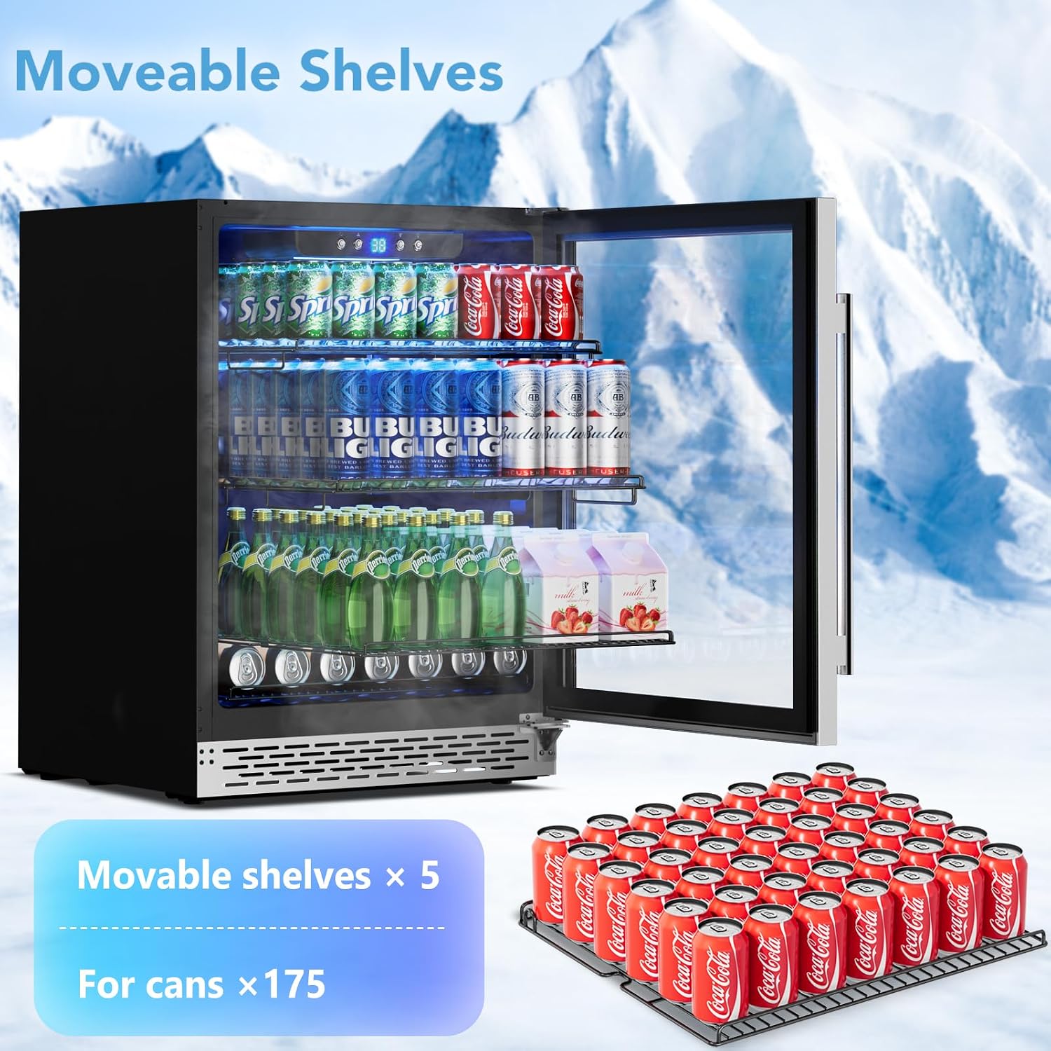 24 inch Beverage Cooler Refrigerator, 170 Cans Freestanding/Built in Dual Zone Beverage Fridge Glass Door for Home Kitchen