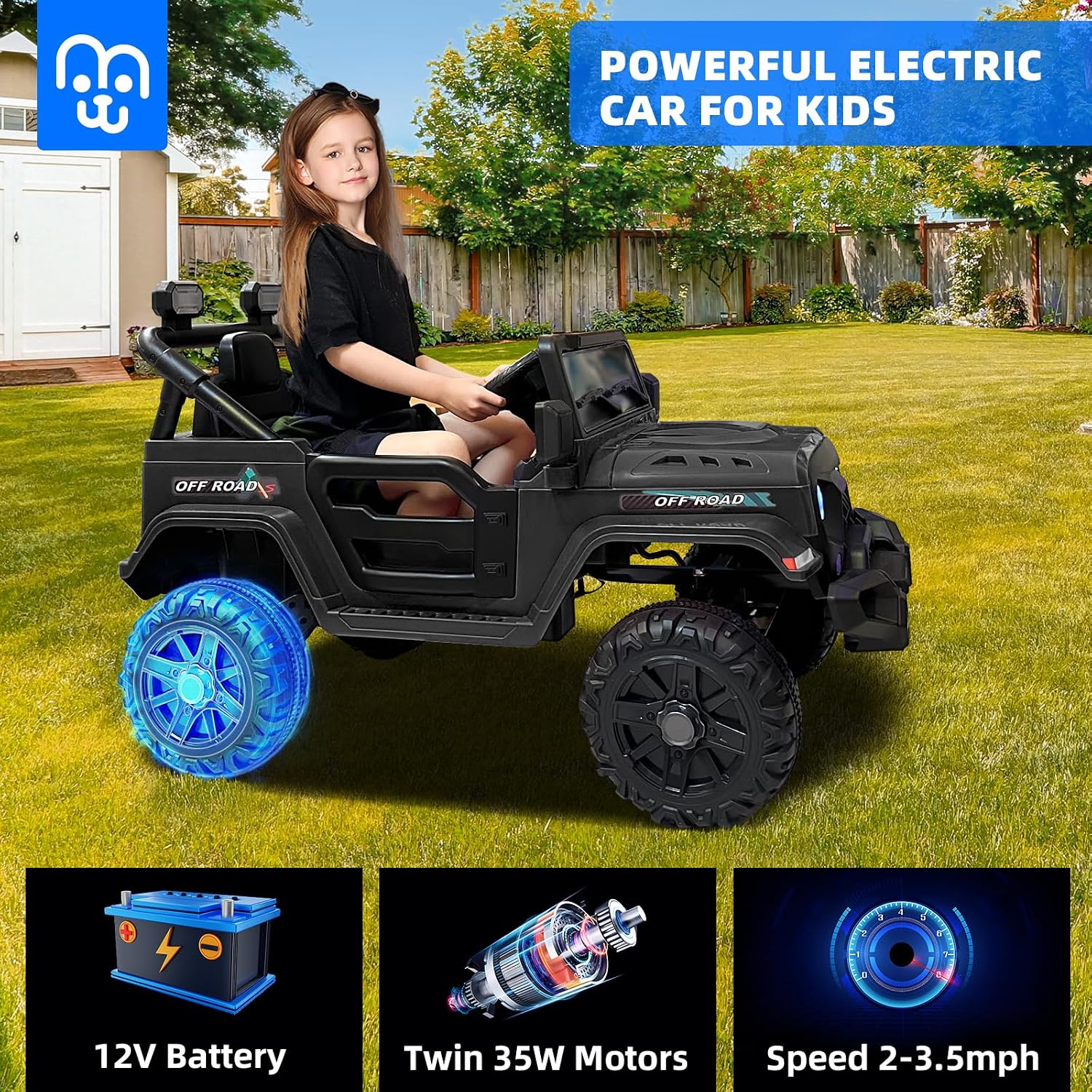MINIATURE MOTORS 12V Kids Electric Ride on Truck Car Remote Control, Twin 35W Motors 3.5MPH Max Speed, Bluetooth Music Player, 4 Wheels Suspension LED Lights Safety Belt, Gift for Boys & Girls-Black