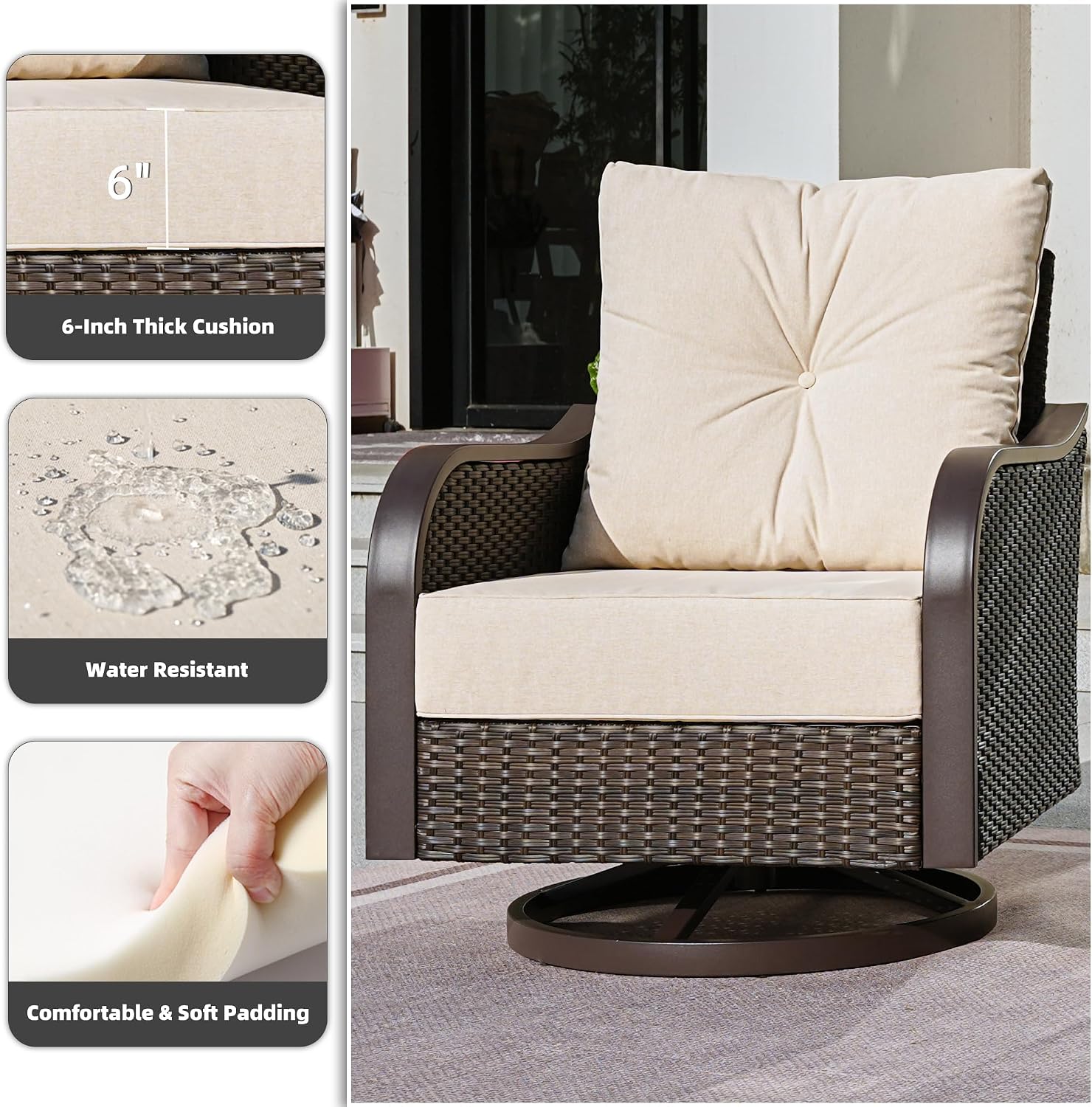 Outdoor Swivel Rocker Chairs, Wicker Swivel Rocking Chairs with 6'' Thick Cushions and Side Coffee Table, 3 Piece Patio Furniture Set for Balcony, Porch, Deck, Poolside, Beige