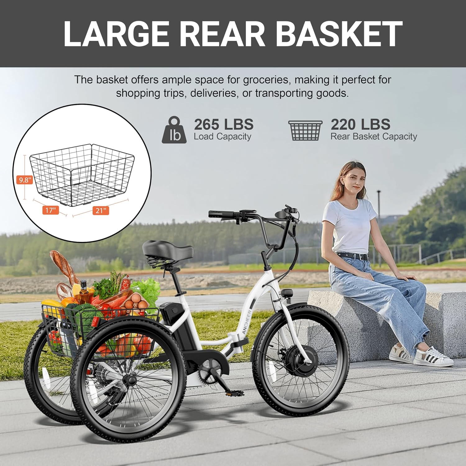 ANCHEER Electric Tricycle for Adults, Peak 600W Folding Electric Trike, 24' 499Wh Ebike for Seniors, 15.5MPH Electric Bike, Removable Battery, 3 Wheel, LCD, Rear Differential, Basket