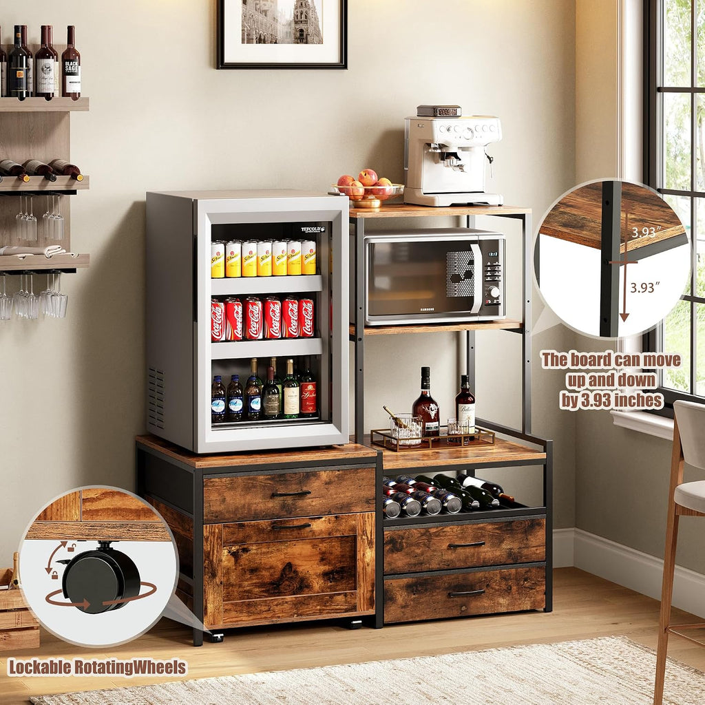 Herture Mini Fridge Stand with Wine Rack, Kitchen Bakers Rack with Power Outlet, Microwave Oven Stand, Coffee Bar, Movable Drawers, for Dorm,Office, Brown HB04BXN